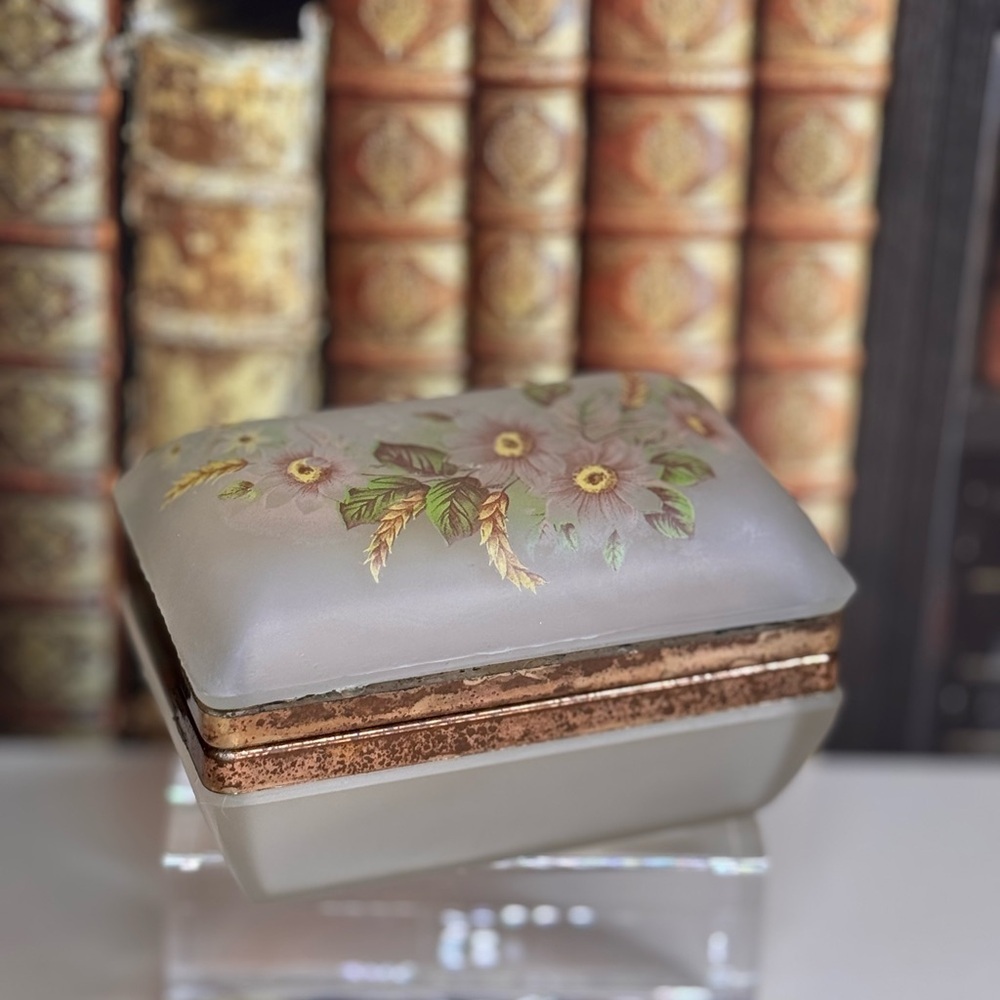 Vintage Estate Hand Painted Floral Hinged Frosted Glass Trinket Box